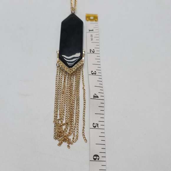 1980s Gold Chain Necklace With Black Pendant Fringe Tassel Design - Picture 4 of 5